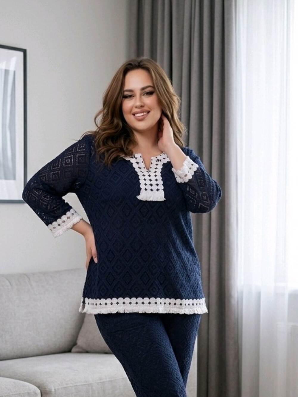 Navy Blue 3/4 Sleeve Blouse - Large, White Trim